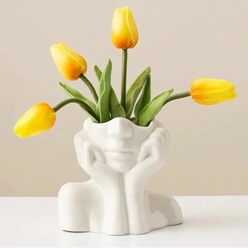 New Anthropologie Boho White Ceramic Female Face Abstract Flower Vase - SMALL